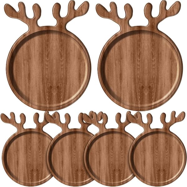 6-Pack 12 Inch Acacia Wood Charcuterie Serving Tray with Antler Handles for Christmas Party Gift Set