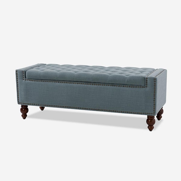 JAYDEN CREATION Eduard Blue Classic Style Upholstered Flip Top Storage 51 in. Bench with Solid Wood Spindle Legs