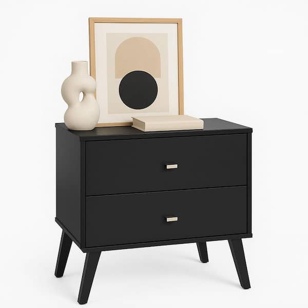 Prepac Milo Mid-Century Modern Black 2-Drawer 25 in. W Contemporary Nightstand Side Table, Night Stand Bedside Table