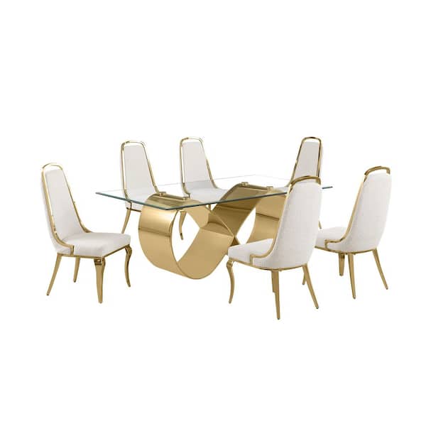 Best Quality Furniture Garrett 7-Piece Clear Tempered Glass Top with Gold Stainless Steel Base Dining Set with 6 Cream Boucle Fabric Chairs