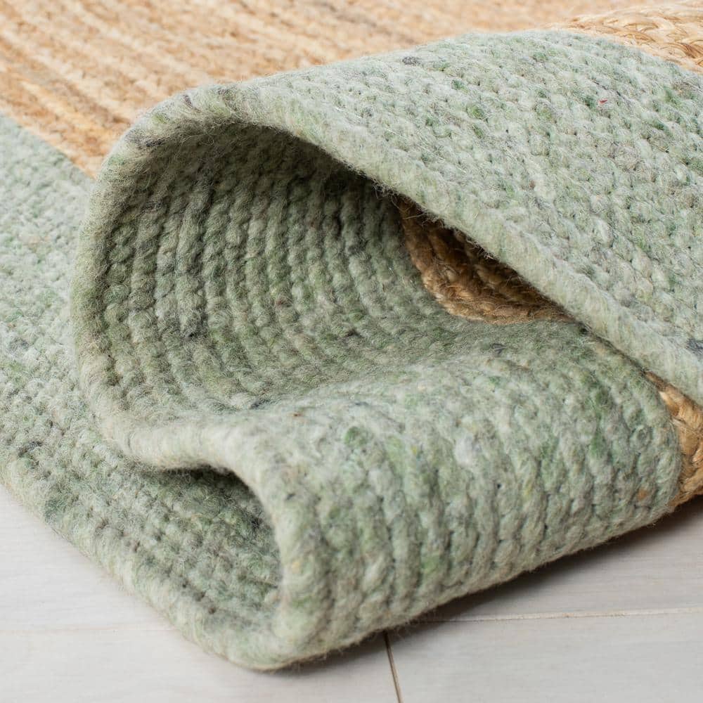 Handmade Sage and Gold Braided Wool Cotton Round Rug