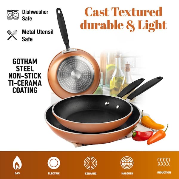 Gotham Steel 3-Piece Copper Cast Textured Surface Nonstick Frying Pan Set