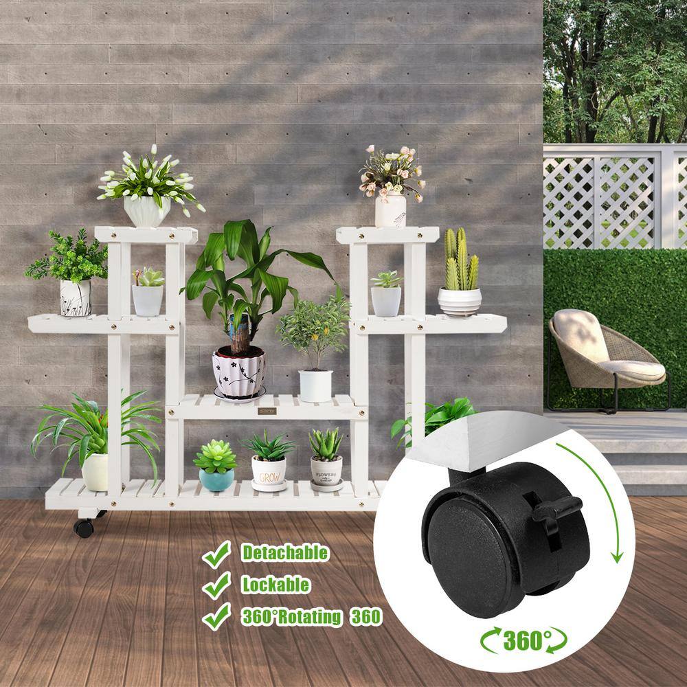 White 4-Tier Rolling Wood Plant Stand with Casters