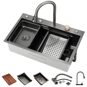 29.5 in Drop in Single Bowel 16 Gauge Black Stainless Steel Kitchen Sink with Pull Down Faucet and Accessories