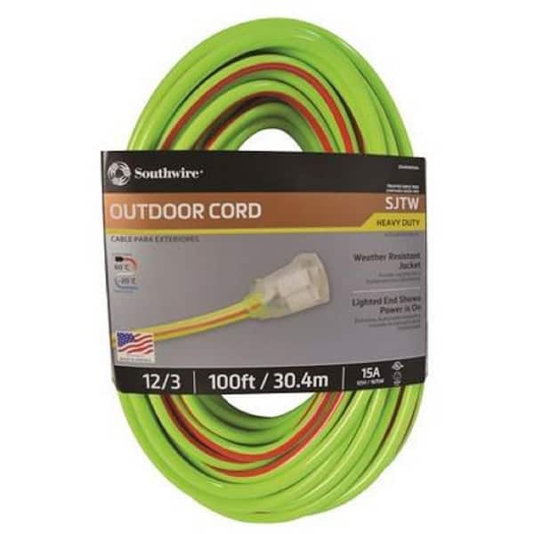 Southwire 100 ft. 12/3 SJTW Hi-Visbility Multi-Color Outdoor Heavy-Duty Extension Cord with Power Light Plug