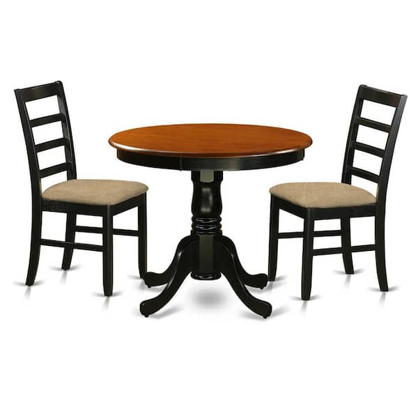 East West Furniture 3-Piece Round Black Finish Solid Wood Top Dining Table with 2 Chairs with Lattice Back