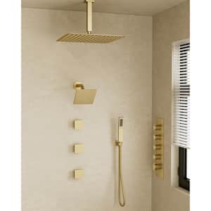 Thermostatic Valve 15-Spray 16 in. x 6 in. Ceiling Mount Dual Shower Head and Handheld Shower in Brushed Gold