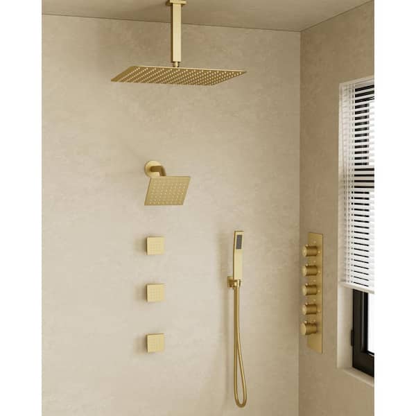 YAWWALK Thermostatic Valve 15-Spray 16 in. x 6 in. Ceiling Mount Dual Shower Head and Handheld Shower in Brushed Gold