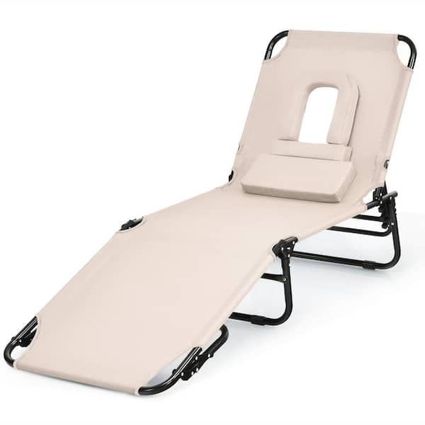 ANGELES HOME Metal Outdoor Patio Foldable Beach Pool Sun Chaise Lounge with Hole, Beige