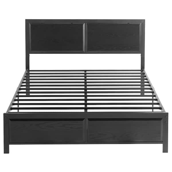 Metal Bed Frame Black Metal Frame Full Size Platform Bed with Rustic Country Style Wooden Headboard and Footboard