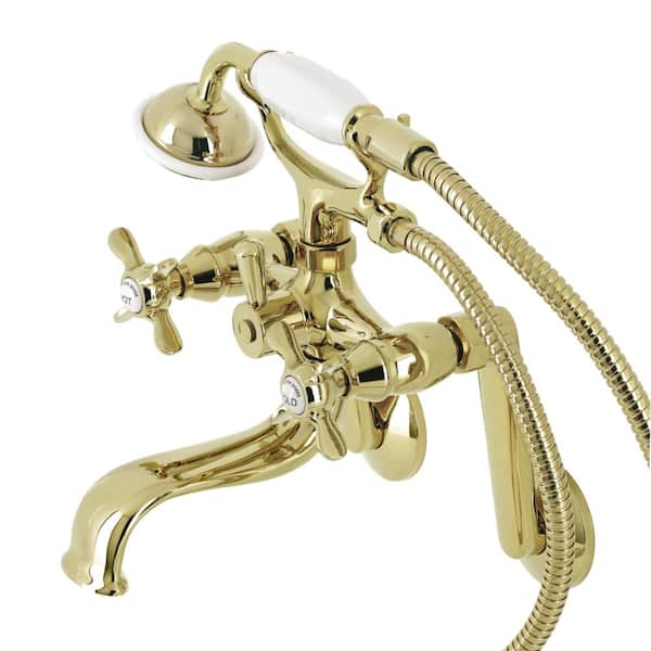 Kingston Brass Kingston 3-Handle Wall-Mount Clawfoot Tub Faucet with Hand Shower in Polished Brass