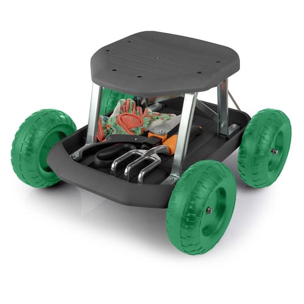 Pure Garden Polyurethane Wheeled Rolling Garden Work Scooter with Tool-Tray