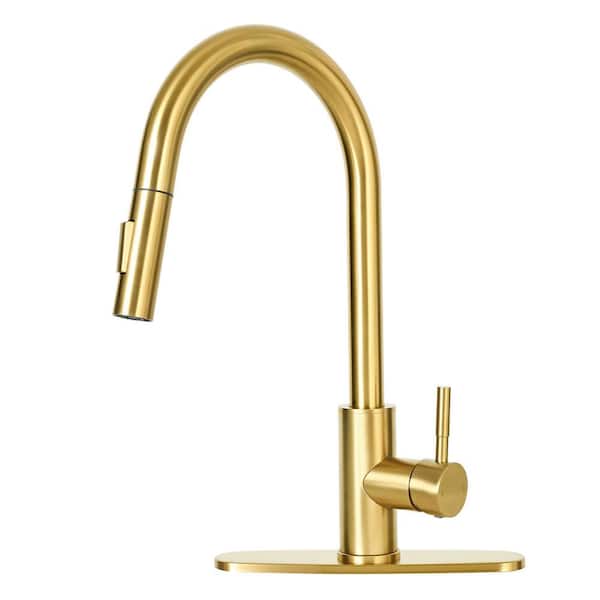Akicon Brushed Gold 16.19 in. H Single-Handle Pull-Down Sprayer Kitchen Faucet with 360° Spout Swivel