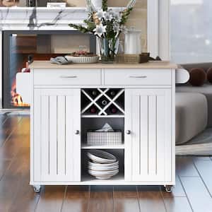White Kitchen Cart with 2-Storage Cabinets and 4-Locking Wheels Wine Rack 2-Drawers Spice Rack Kitchen Island