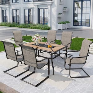 Black 7-Piece Metal Outdoor Patio Dining Set with Geometric Rectangle Table and C-Spring Textilene Chairs