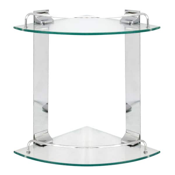 MODONA 9.5 in. x 9.5 in. x 13.5 in. Double Glass Corner Shelf with Pre-Installed Rails in Polished Chrome