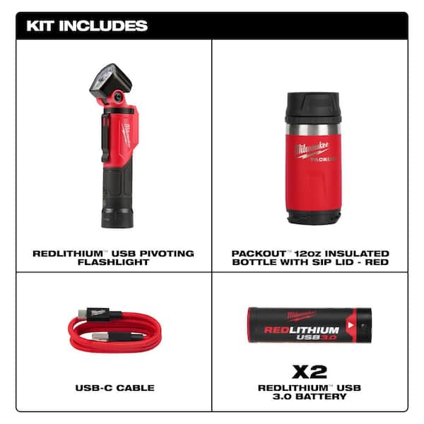 500 Lumens LED Pivoting REDLITHIUM USB Flashlight with PACKOUT Red 12 oz. Insulated Bottle with Sip Lid