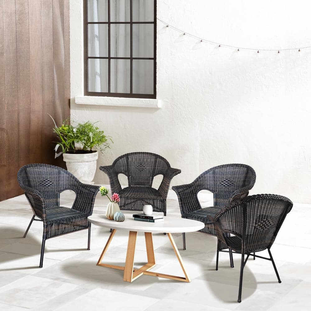 Black and Brown Patio Rattan Chair Wicker Patio Outdoor Dining Chair (4-Pac