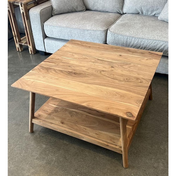 Unbranded 32 in. Natural Square Acacia Wood Coffee Table with Shelf