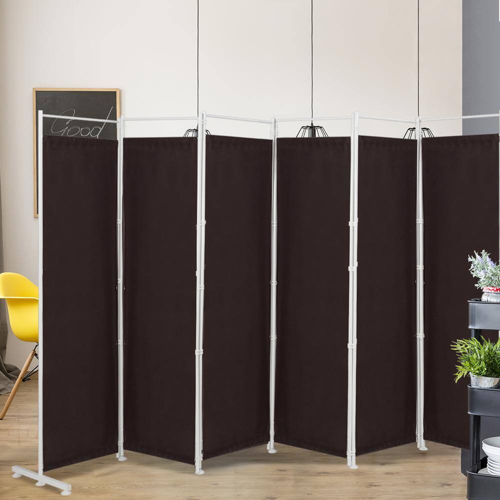 Brown Polyester 6-Panel Folding Room Divider with Steel Frame