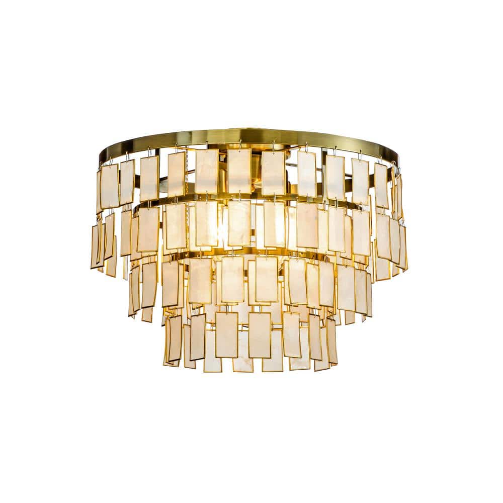 4-Light 17.8 in. Round Coastal Capiz Tiered Flush Mount Ceiling Light With 