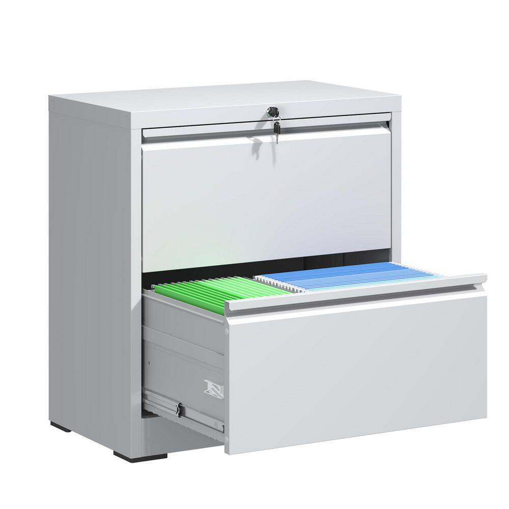 White 2-drawer metal file cabinet with open bottom drawer containing blue and green folders.
