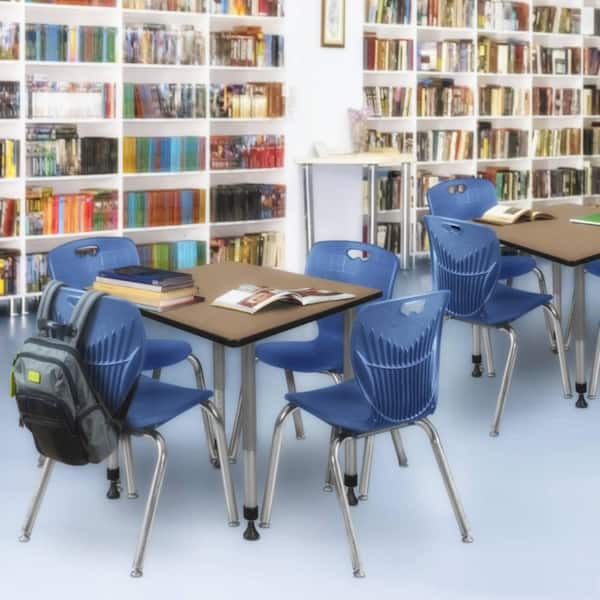 Kee 42 in. Square Noble Oak Adjustable Classroom Table Desk with Grey Base and 4 Andy 18 in. Blue Stack Chairs