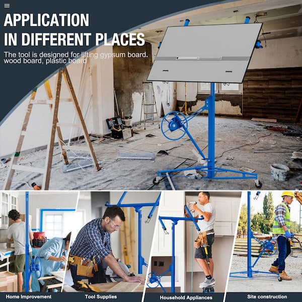 16 ft. Steel Blue Drywall Lift Jack Lift Drywall Panel Hoist with Adjustable Telescopic Arm and Lockable Casters
