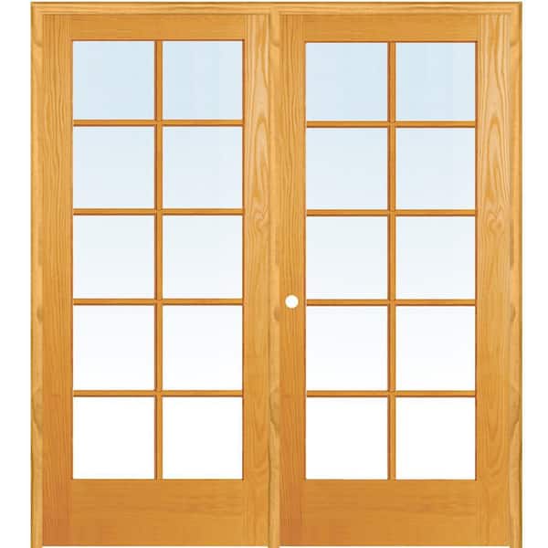 60 in. x 80 in. Right Hand Active Unfinished Pine Glass 10-Lite Clear True Divided Prehung Interior French Door