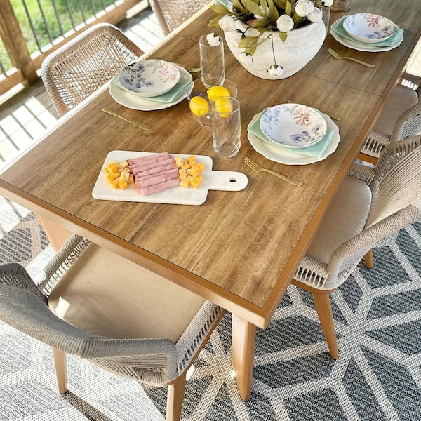 9-Piece Aluminum Outdoor Dining Set Teak Patio Furniture Set Wicker Table and Chairs with Cushions