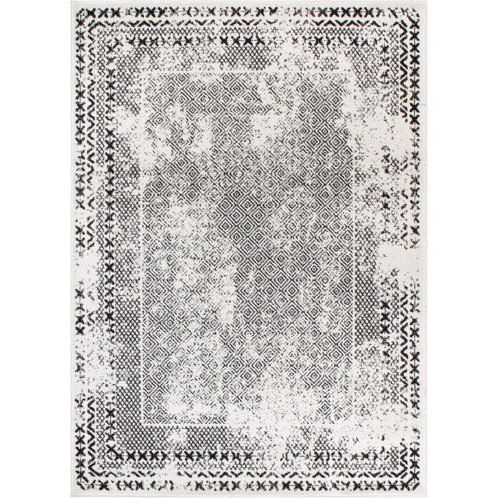 Black Geometric 5' x 7' Synthetic Easy Care Area Rug