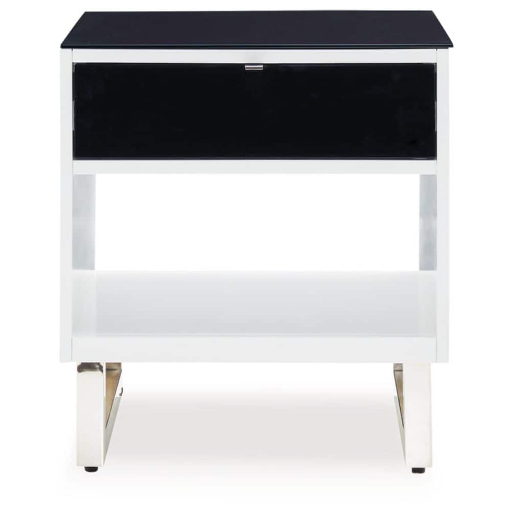 Black and White Glass Top Rectangular End Table with Storage
