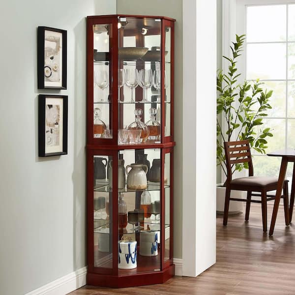 26 in. W x 20 in. D x 72 in. H Red Linen Cabinet, 6-Shelf Corner Curio Display Cabinet with Lights, Mirrors and Shelves