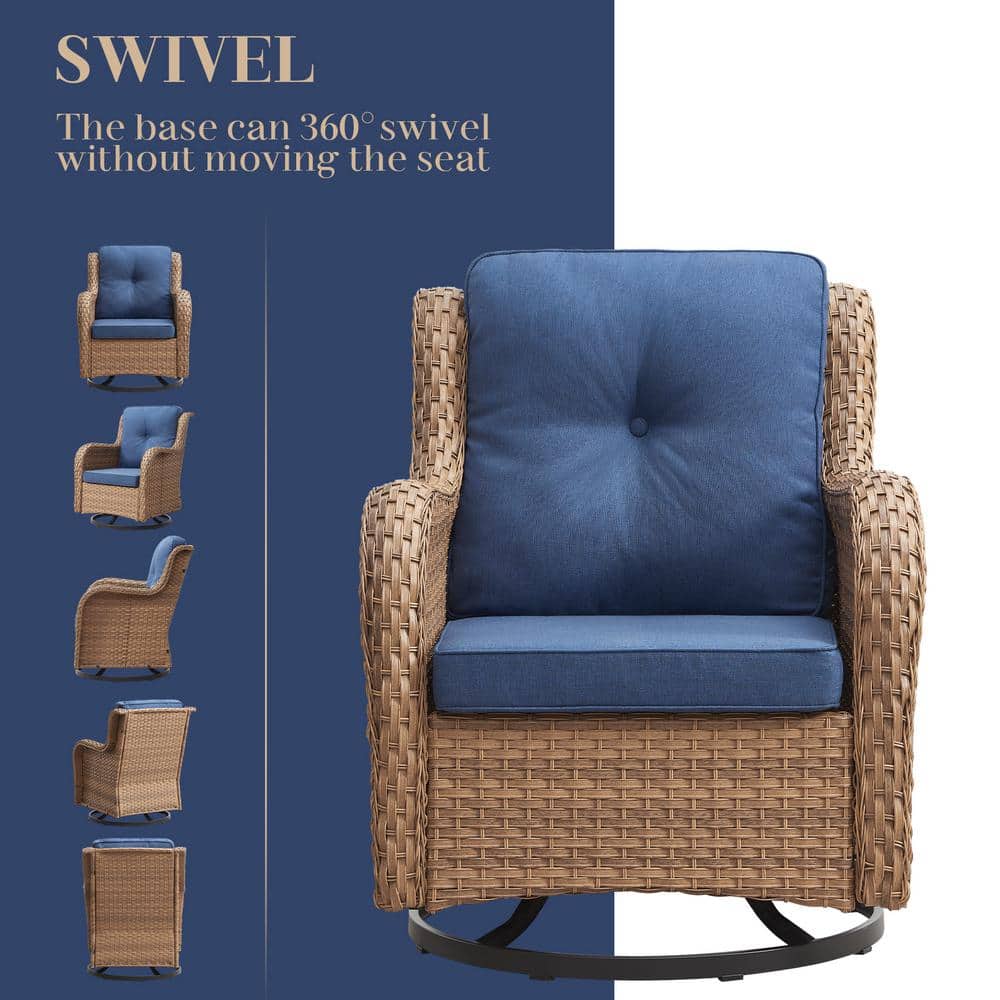 Yellow Wicker Outdoor Rocking Chair with Blue Cushions