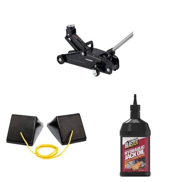 2-Ton Hydraulic Trolley Car Jack, 8 in. x 5 in. x 4 in. Rubber Wheel Chock with Rope (2-Pack) and Hydraulic Jack Oil