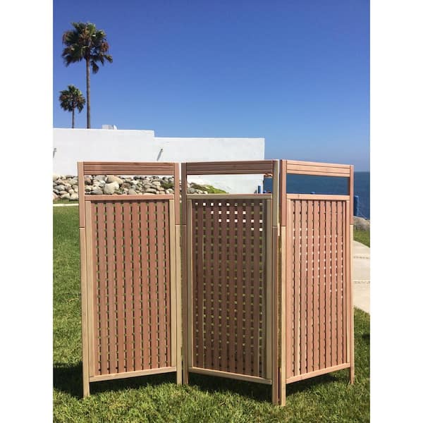 Deluxe 64 in. H x 81 in. W Clear-No Stain Redwood 3-Panel Room Divider