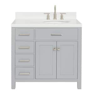 Bristol 36.25 in. W x 22 in. D x 36 in. H Single Sink Freestanding Bath Vanity in Grey with Carrara White Quartz Top