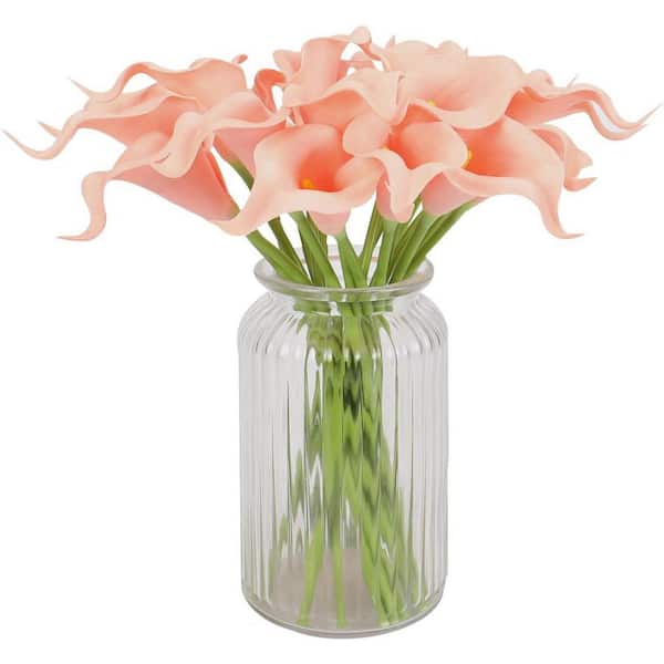 INNOBULE 13.4 in. Salmon Pink Indoor Artificial Calla Lily Flower Wedding Bouquet Lataex Real Touch in Clear Container (20pcs)