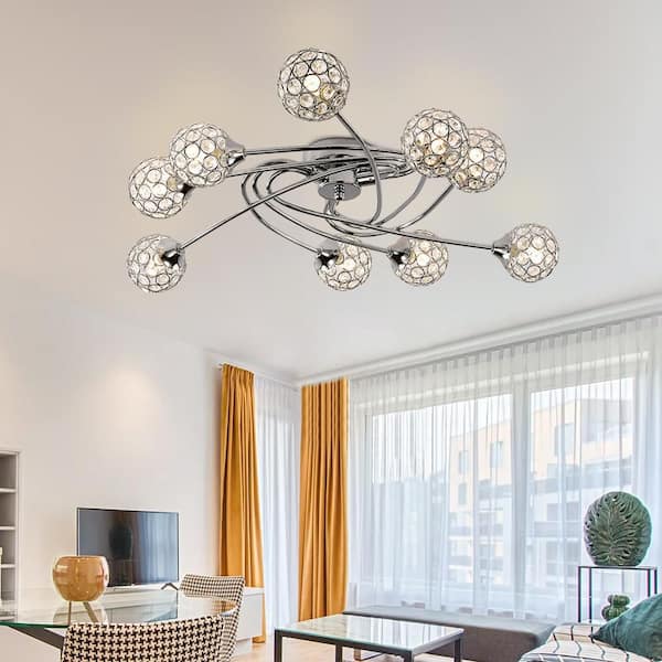 Providence 27.56 in. 9-Light Chrome Flush Mount with Crystal Shade