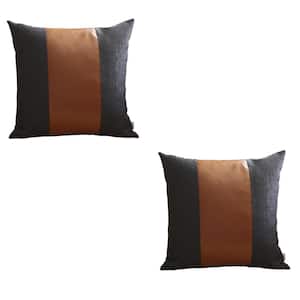 Bohemian Vegan Faux Leather Black and Brown 18 in. x 18 in. Square Solid Throw Pillow Set of 2