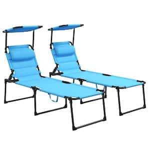 Light Blue Outdoor Lounge Chair, Adjustable Backrest Folding Chaise Lounge with Sunshade Roof and Pillow Headrest 2 Pcs