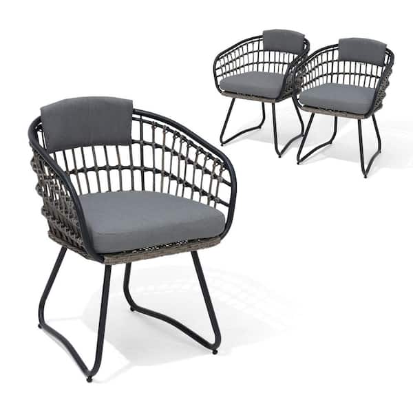 Crestlive Products PE Rattan Patio Wicker Outdoor Dining Chair with Cushion in Gray (3-Pack)