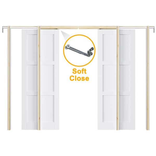 ARK DESIGN 64 in. x 80 in. White Primed 3-Lite MDF Door with Solid Core Pocket Sliding Door Frame with Hardware and Soft Close