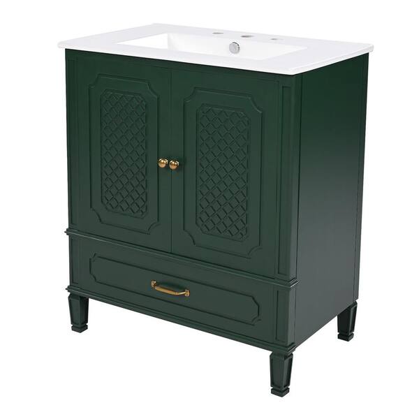 CHRISTOPHER KNIGHT HOME Sylvan 30 in. Modern Bathroom Dark Green Bath Vanity with White Ceramic Top Sink, Drawer, Shelf, Cabinet, Wood