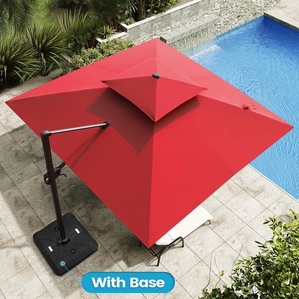 Crestlive Products 11 ft. x 11 ft. Double Top Cantilever Tilt Patio Umbrella in Red with 260 lbs. Base Stand