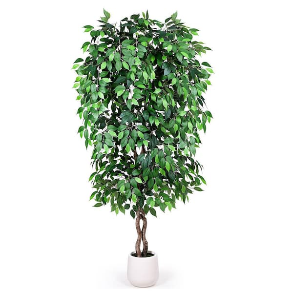 7 ft. Artificial Ficus Tree with Realistic Leaves and White Planter