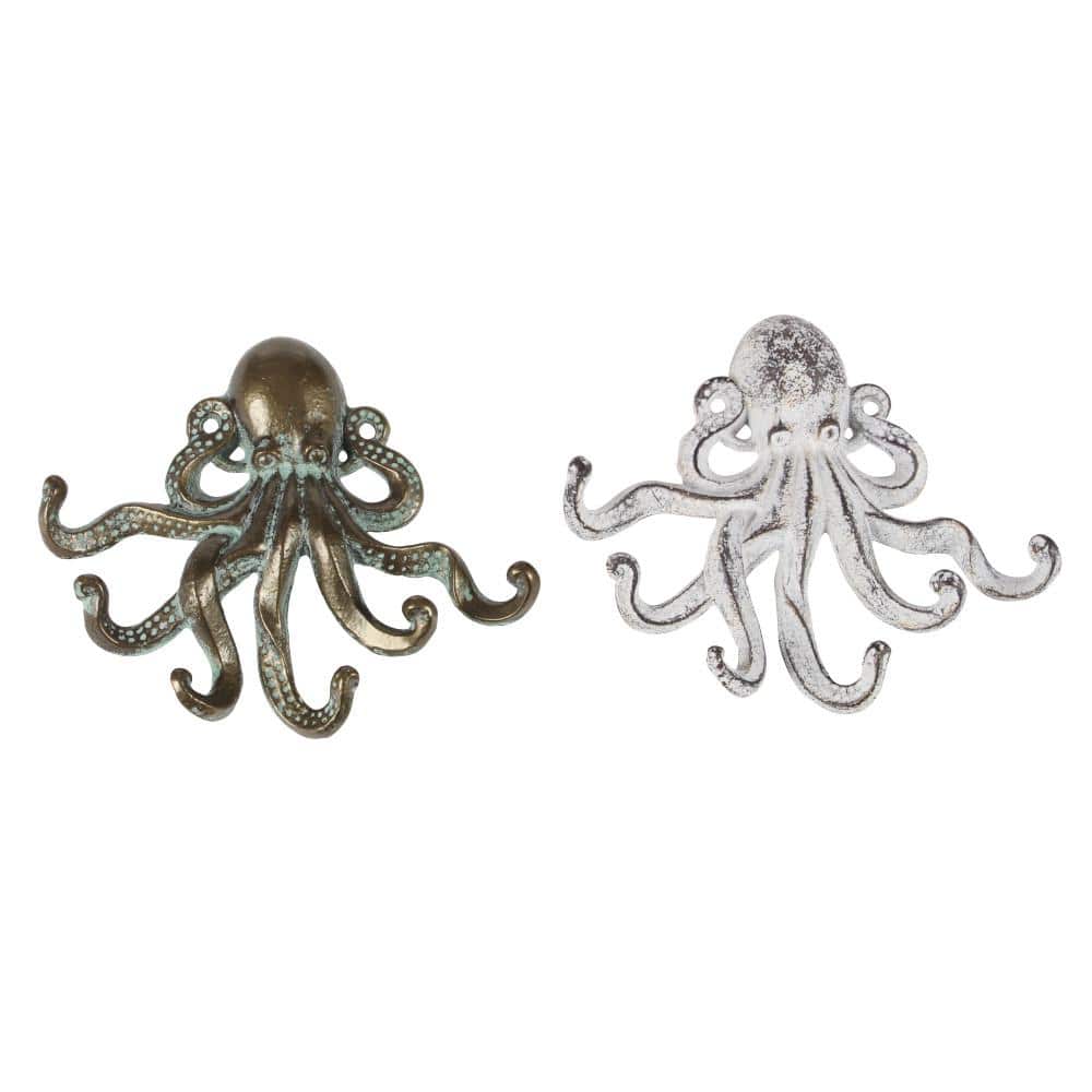 Bronze and White Nautical Octopus Wall Hooks, Set of 2
