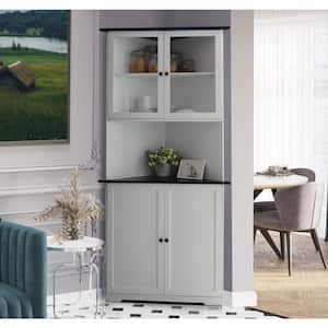34 in. W x 25 in. D x 71 in. H Corner Linen Cabinet with Adjustable Shelves and Glass Doors in White