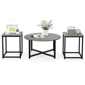 31.5 in. Grey Round Wood Coffee Table with 2PCS Square End Tables Metal Frame