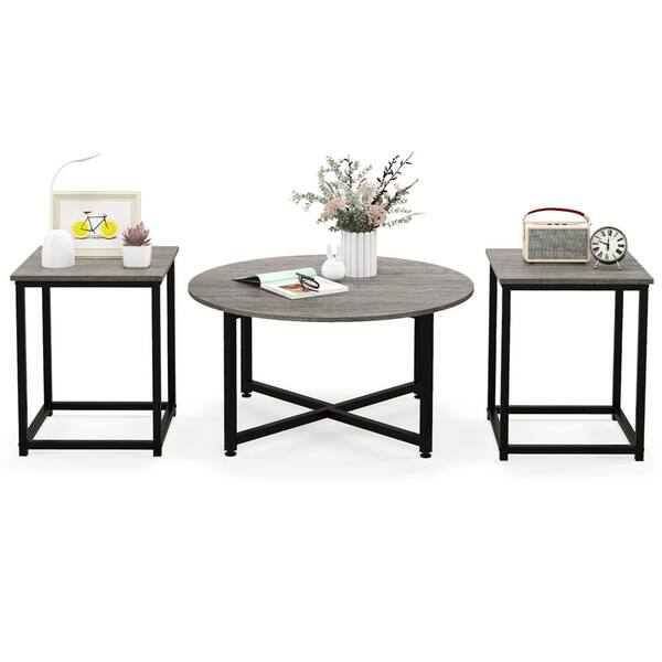 Costway 31.5 in. Grey Round Wood Coffee Table with 2PCS Square End Tables Metal Frame